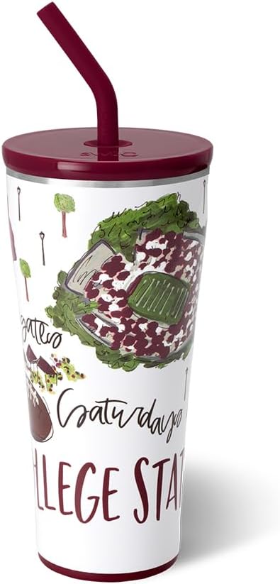 Swig Life 32oz Straw Tumbler, Travel Coffee Tumbler with Lid, Cup Holder Friendly Travel Coffee Mug, Stainless Steel, 32 oz Reusable Insulated Coffee Mug (Saturdays In College Station)