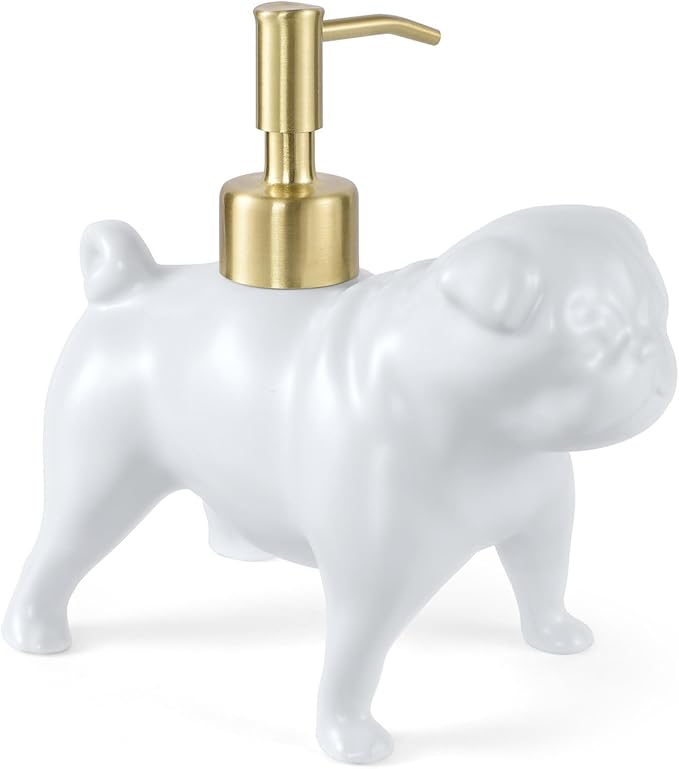Pug Shaped Soap/Lotion/Hand Sanitizer Dog Lover Stainless Steel Pump Dispenser for Dog Gifts, Refillable for Kitchen and Bathroom(White)