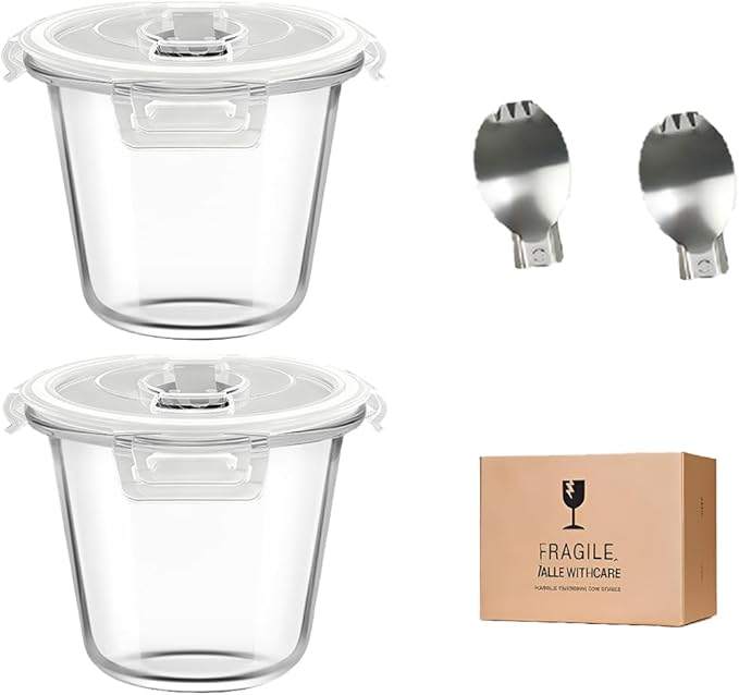 3-Cup Round Glass Meal Prep Containers with Lids,24oz Glass Food Storage Containers with Spoons, Heat-Resistant BPA-Free for Soup, Leftover, Oven, Dishwasher, Fridge, Freezer Safe (2 Pack)