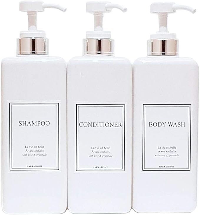 Modern Design Large 27 oz Shampoo and Conditioner Dispensers - Empty Plastic Refillable Pump Bottle Set for Bathroom Shower Soap Dispenser, Gift Box Included, Set of 3, (White & Silver)