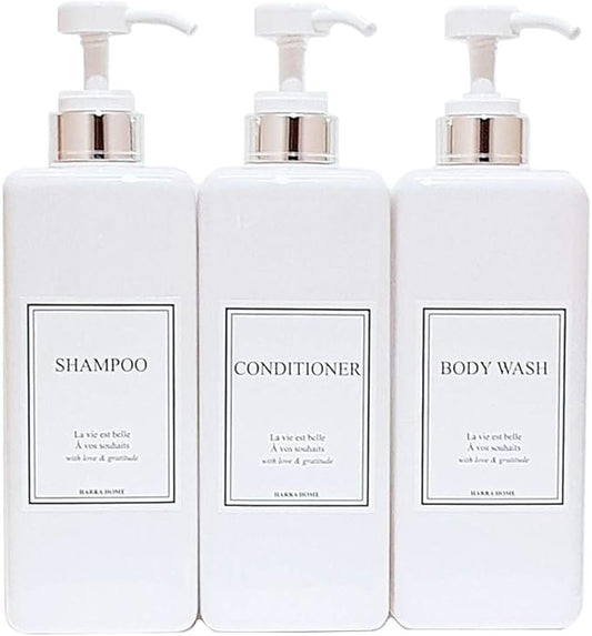 Modern Design Large 27 oz Shampoo and Conditioner Dispensers - Empty Plastic Refillable Pump Bottle Set for Bathroom Shower Soap Dispenser, Gift Box Included, Set of 3, (White & Silver)