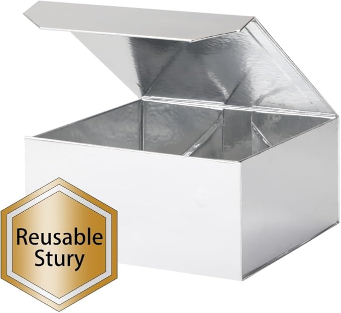 Silver Gift Box - Large 13x11x5.3 Inch - Modern Style - Magnetic Lid - Crinkle Paper - Luxury Gift Box with Lid for Presents