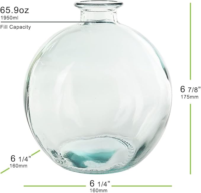 Couronne Company Ball Recycled Glass Vase, G5464, 6.75 Inches Tall, 66 Ounce Capacity, Clear, 1 Piece