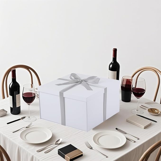 UoeRing 2Pcs White Extra Large gift box with lids 13×13×7 Inches gift boxes for presents,Birthday Box (include Ribbon, Paper Shred Filler Gift Card & Envelopes)