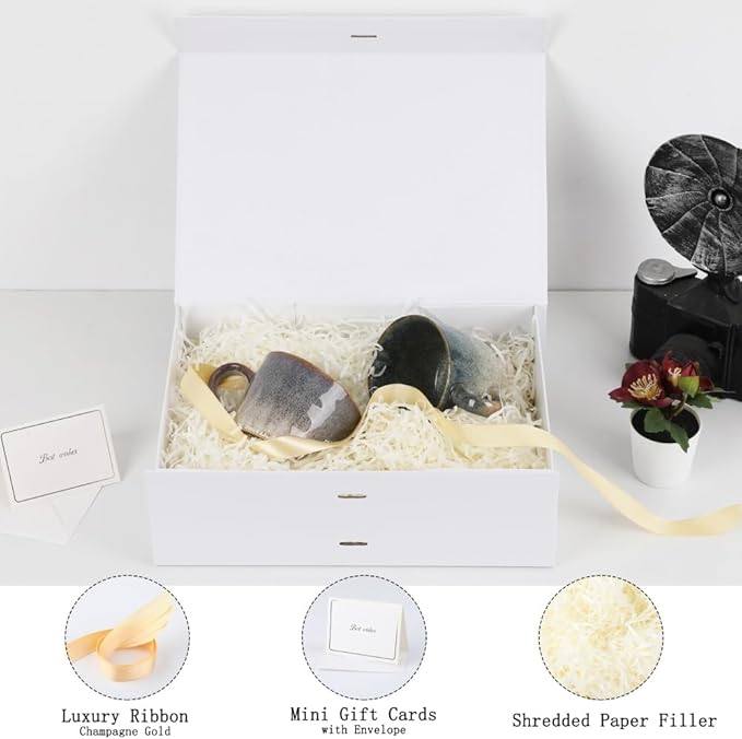 Large Gift Boxes with Lids 5 Pack 13X9X4 Inch Large White Gift Box with Ribbon Foldable Gift Boxes for Presents、Anniversary Gifts、Bridesmaid Proposal Box、Shredded Paper Filler & Cards
