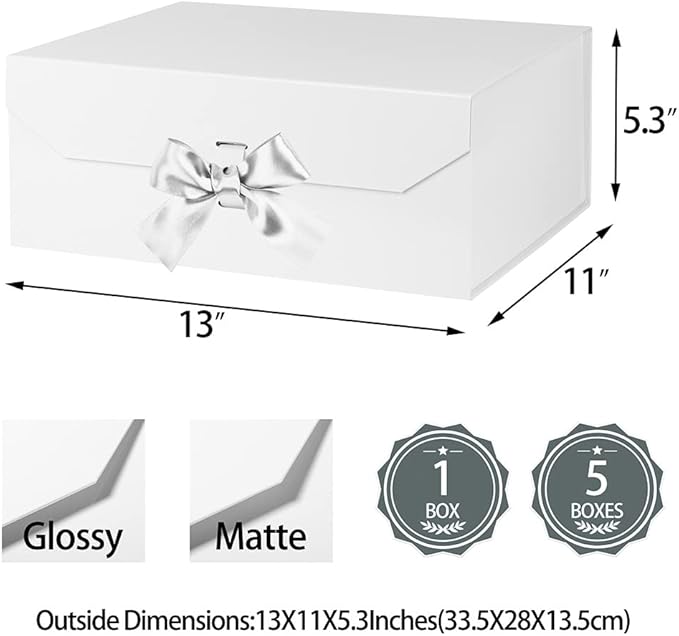 White Large Gift Box 13x11x5.3 Inches With Ribbon and Lid Magnetic Closure, Christmas Rectangle Collapsible Boxes for Men Shoes (Glossy White)
