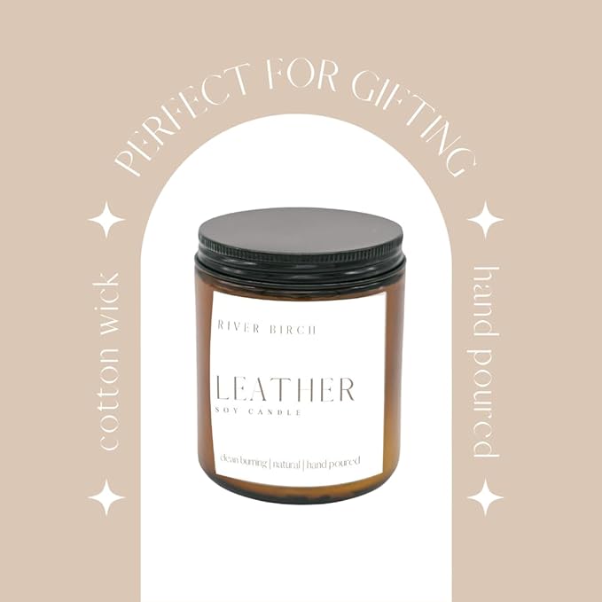 River Birch Candles Leather Scented Candle | Premium, All-Natural, Non-Toxic, Soy Amber Jar Candles | 8.5oz 40 Hr Burn Time | Cozy Relaxing Gifts for Home