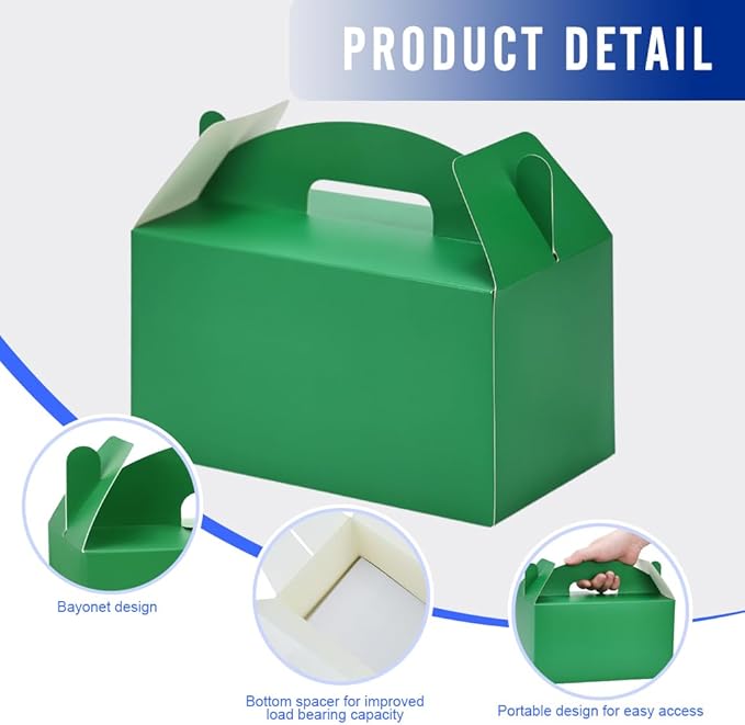24Pack Large Party Favor Boxes,Green Treat Boxes, (9.45 * 5 * 5"),Large Goodie Boxes, Gable Gift Boxes with Handles,Candy Boxes for Kids Birthday Baby Shower Wedding Halloween Christmas.
