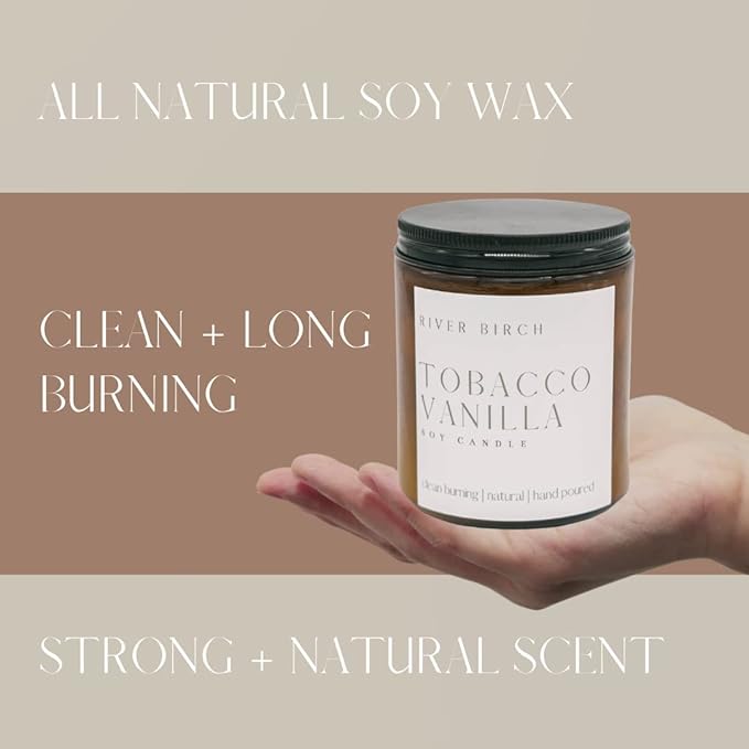 River Birch Candles Tobacco Vanilla Scented Candle | Premium, All-Natural, Non-Toxic, Soy Amber Jar Candles | 8.5oz 40 Hr Burn Time | Cozy Relaxing Gifts for Home