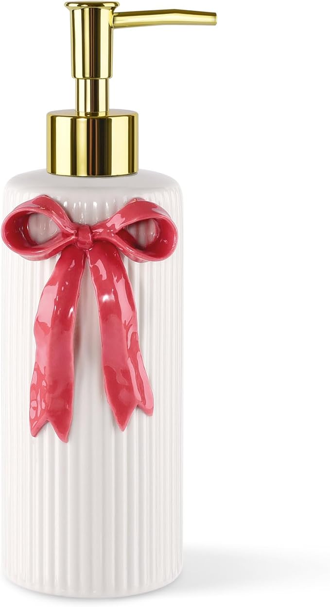 Handmade Ceramic Bow Soap Pump Dispenser Hand Lotion Liquid Dispenser Refillable for Kitchen and Bathroom Decorative (Ribbon Red)