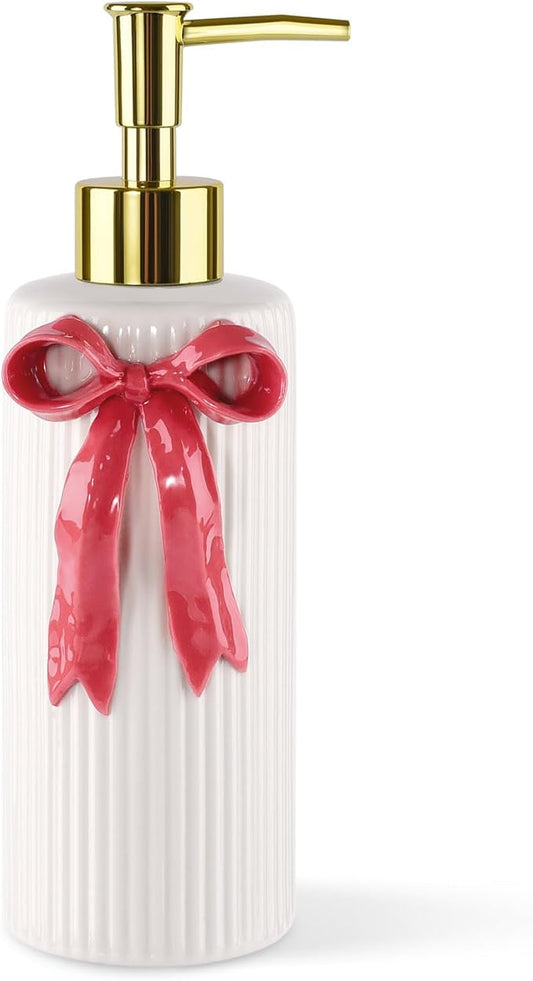 Handmade Ceramic Bow Soap Pump Dispenser Hand Lotion Liquid Dispenser Refillable for Kitchen and Bathroom Decorative (Ribbon Red)
