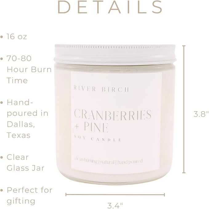 River Birch Candles Cranberries & Pine Scented Candle | Premium, All-Natural, Non-Toxic, Soy Candles | 16oz 90 Hr Burn Time | Cozy Relaxing Gifts for Home