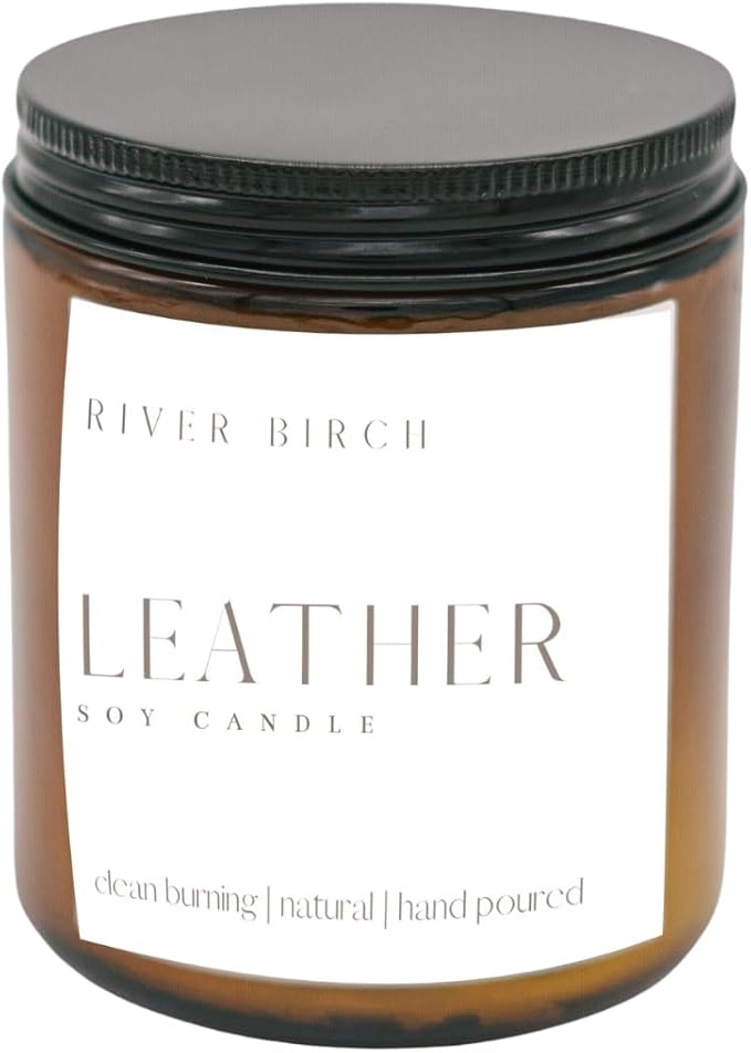 River Birch Candles Leather Scented Candle | Premium, All-Natural, Non-Toxic, Soy Amber Jar Candles | 8.5oz 40 Hr Burn Time | Cozy Relaxing Gifts for Home
