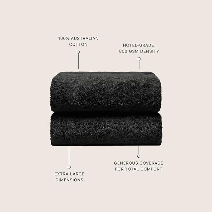 Italic Ultraplush 100% Australian Cotton Towels - Set of 2 Luxury Bath Towels, Quick Dry Plush and Absorbent, Heavy Duty Large Bath Towels, 800GSM Towels for Bathroom & Spa (Black)