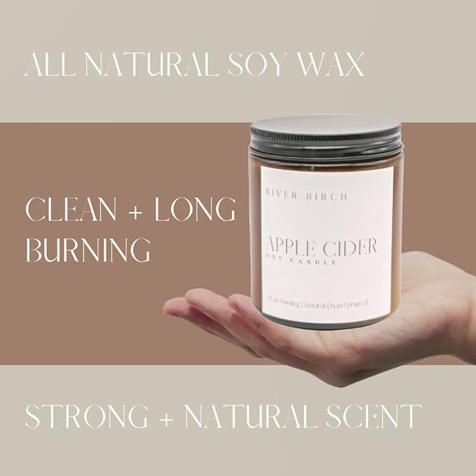 River Birch Candles Apple Cider Scented Candle | Premium, All-Natural, Non-Toxic, Soy Amber Jar Candles | 8.5oz 40 Hr Burn Time | Cozy Relaxing Gifts for Home
