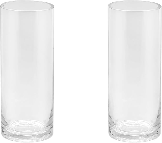 4" Wide 10" High Large Hand Blown Sturdy Clear Cylinder Glass Vase, Centerpiece Flower Vase for Rose, Tulip, Boquets, Hurricane Candle Holder (2, 4"x10")