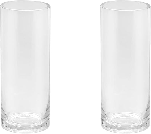 4" Wide 10" High Large Hand Blown Sturdy Clear Cylinder Glass Vase, Centerpiece Flower Vase for Rose, Tulip, Boquets, Hurricane Candle Holder (2, 4"x10")