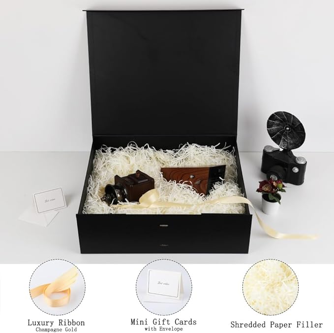 BoxSkivra Black Extra Large Gift Box with Lid 1 Pack 19x16x6 Inch Large Gift Boxes with Crinkle Paper & Card Magnetic Gift Box with Ribbon for Wedding Dress