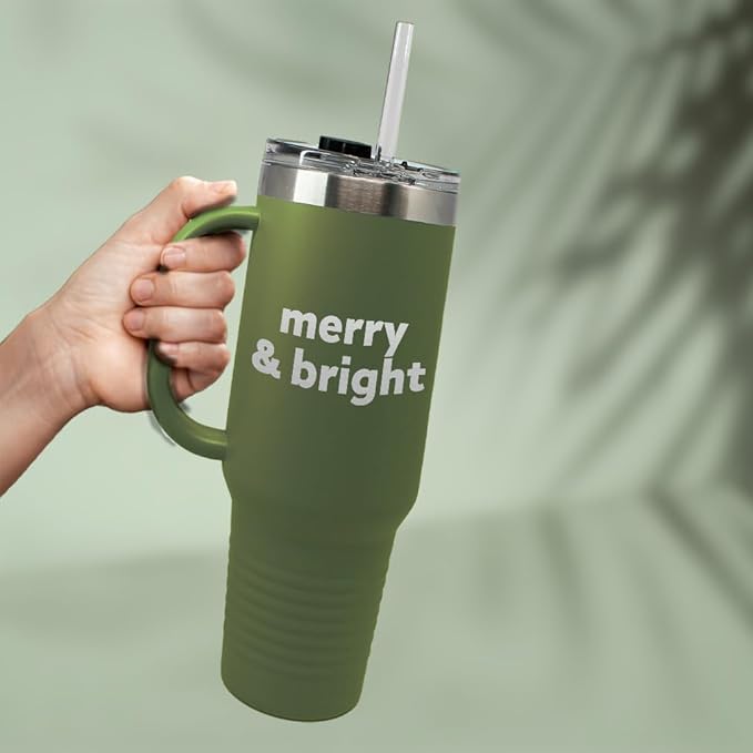 Speedy Pros Tumbler Cups with Straw Merry & Bright Christmas Xmas Coffee Tumbler with Lid Personalized Insulated Travel Mugs Engraved Stainless-Steel 20 Oz Forest Green Design Only