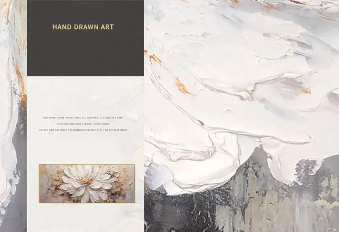 Hand-Painted Flower Canvas Oil Painting for Living Room, Large White Floral Canvas Wall Art for Bedroom,Gold Framed 3D Textured Painting for Office Kitchen Home Decoration 24x56 inches