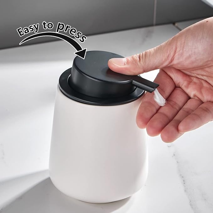 12Oz White Soap Dispenser - Modern Ceramic Lotion Hand Soap Dispenser with Easy-to-Press Black Pump, Reusable and Refillable Liquid Dish Soap Dispensers for Bathroom & Kitchen