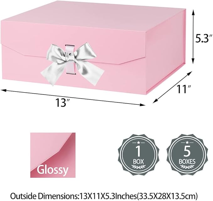 Pink Large Gift Box 13x11x5.3 Inches With Ribbon, Lid Magnetic Closure, Christmas, Rectangle Collapsible for Men Shoes