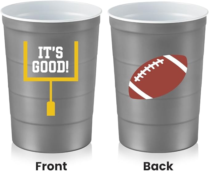 16 oz. Party Cup Football 'It's Good' Goal Post Design for Cold Drinks, Durable, Disposable, Recyclable, Made in USA, Gray 12 Count