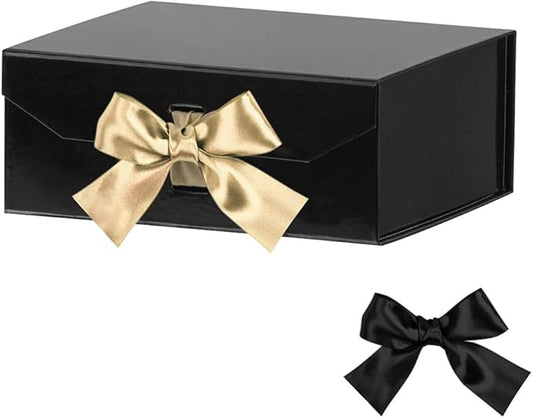 Black Gift Box 8x7x3.3 Inches, Luxury Gift Box with Ribbon, Empty Box with Lid Magnetic Closure, Groomsman Box, Collapsible Small Gift Boxes for Presents Packaging, Wedding (Glossy Black)