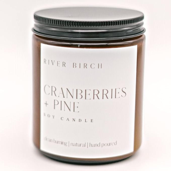 River Birch Candles Cranberries + Pine Scented Candle | Premium, All-Natural, Non-Toxic, Soy Amber Jar Candles | 8.5oz 40 Hr Burn Time | Cozy Relaxing Gifts for Home