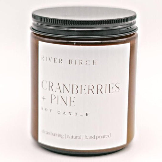 River Birch Candles Cranberries + Pine Scented Candle | Premium, All-Natural, Non-Toxic, Soy Amber Jar Candles | 8.5oz 40 Hr Burn Time | Cozy Relaxing Gifts for Home