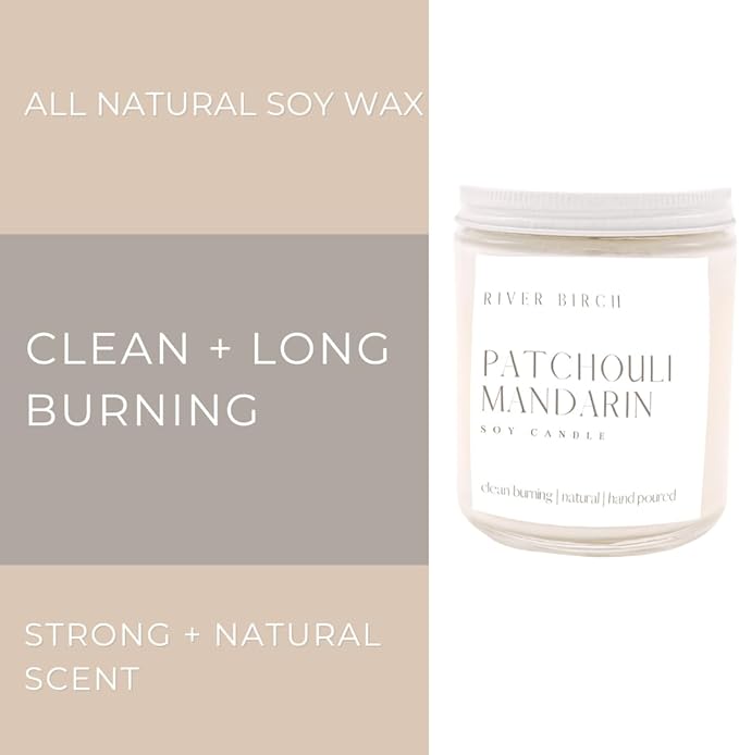 River Birch Candles Patchouli Mandarin Scented Candle | Premium, All-Natural, Non-Toxic, Soy Candles | 8.5oz 40 Hr Burn Time | Cozy Relaxing Gifts for Home