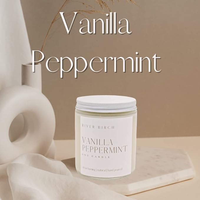 River Birch Candles Vanilla Peppermint Scented Candle | Premium, All-Natural, Non-Toxic, Soy Candles | 8.5oz 40 Hr Burn Time | Cozy Relaxing Gifts for Home