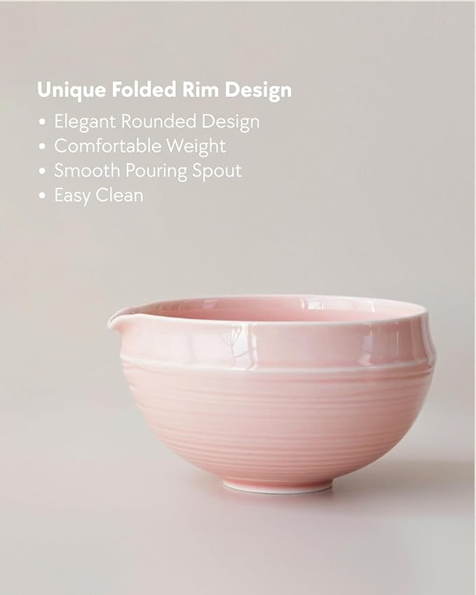 Matcha Set, 5 Pcs Matcha Whisk Set – Elegant Rounded Design Bowl with Folded Rim, Glossy Pink Glaze, Comfortable to Use, Gift Box Included (Glossy Pink)