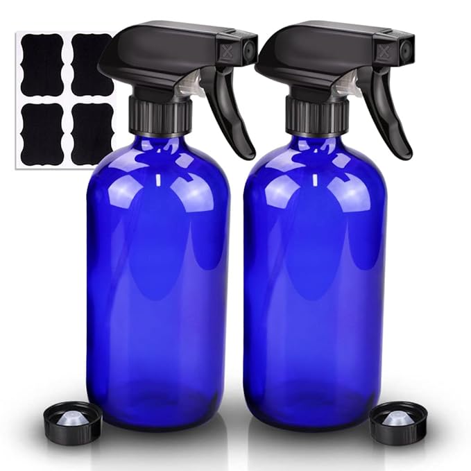 Wedama Glass Spray Bottle, 2 Pack Blue 16 oz Glass Spray Bottles for Cleaning Solutions and Essential Oils, Refillable Empty Spray Bottle with Adjustable Nozzles for Alcohol, Plant and Hair Care