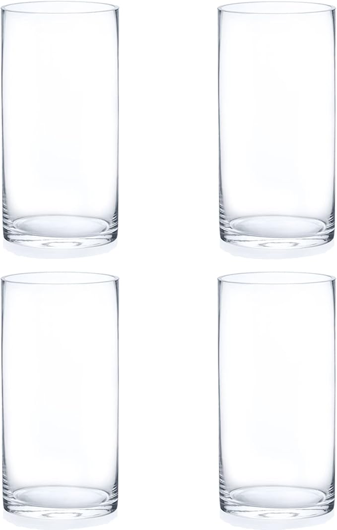 Enova Floral Set of 4 Clear Glass Cylinder Vase, 5W x 10H Inches Tall Clear Flower Vase, Pillar Candle Floating Candle Holders, Decorative Glass Vase for Wedding Centerpieces, Home Table Decor