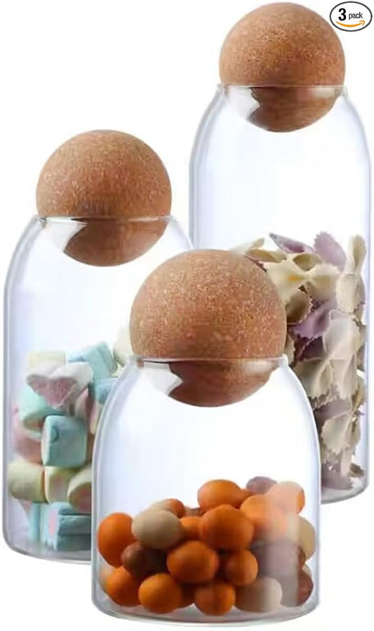 Glass Storage Jar with Ball Cork Lid, Clear Glass Canisters with Cork Ball, 3Pcs High Borosilicate Glass Sealed Jar 16oz 26oz 36oz , Used for Storing Candies, Salt, Tea, Seasonings, Cookies, etc