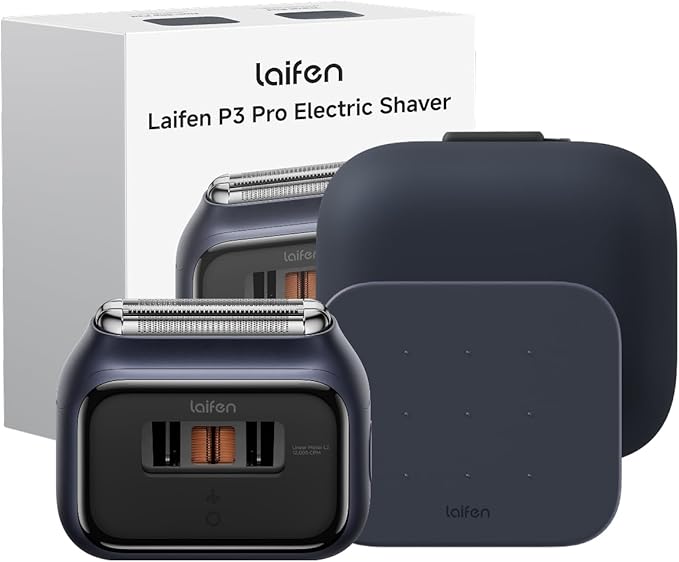 Laifen P3 Pro 3-Blade Electric Shaver Set – Includes P3 Pro Shaver, Travel Pod & Non-Slip Pad, Dual Linear Motors 12,000 Cuts/Min, 100-Min Runtime, IPX7 Waterproof (Royal Blue)