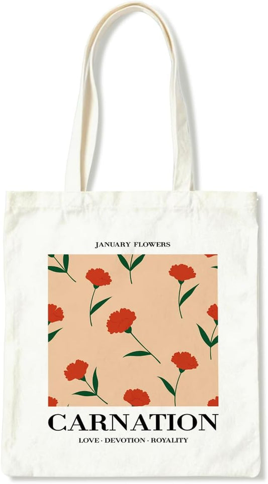 Flower Canvas Tote Bag, Carnation Printing Reusable Shoulder Bags, Gifts to Friends and Family, Holiday Gift Bags for Wrap Storage, Casual Canvas Totes for Work Traveling