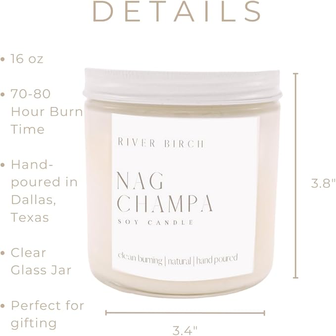 River Birch Candles Nag Champa Scented Candle | Premium, All-Natural, Non-Toxic, Soy Candles | 16oz 90 Hr Burn Time | Cozy Relaxing Gifts for Home