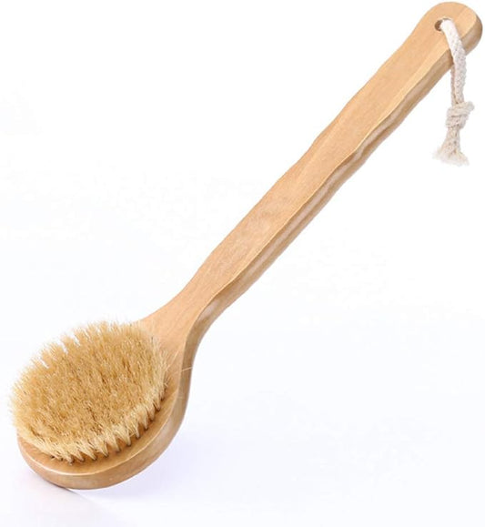 Dry Bath Body Brush 12.6", Long Handle Natural Bristles Shower Brush Back Scrubber with Anti-Slip Wooden Handle, Good for Exfoliating, Blood Circulation, Detox and Cellulite, etc.