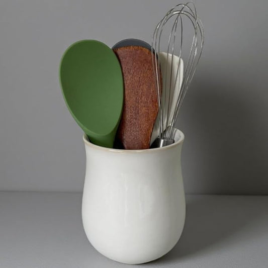 Medium Ceramic Kitchen Utensil Holder for Kitchen Counter Short Cooking Utensil Holder for Countertop Spatula Holder Small Utensil Crock Cutlery Holder Silverware Flower Vase (Retro White)