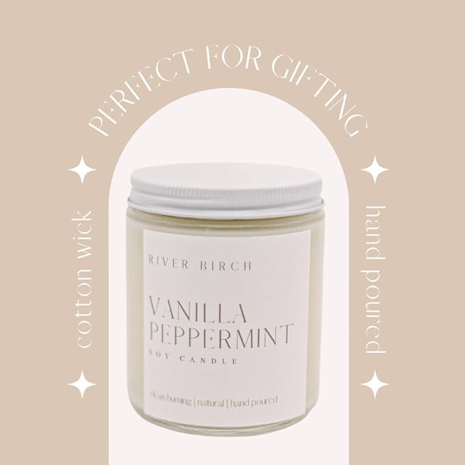 River Birch Candles Vanilla Peppermint Scented Candle | Premium, All-Natural, Non-Toxic, Soy Candles | 8.5oz 40 Hr Burn Time | Cozy Relaxing Gifts for Home