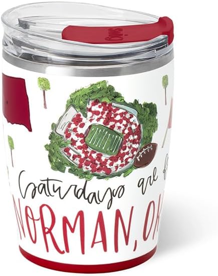 Swig Life 12oz Insulated Tumbler, Travel Coffee Tumbler with Lid, Cup Holder Friendly Travel Coffee Mug, Stainless Steel, 12 oz Reusable Insulated Coffee Mug (Saturdays in Norman)