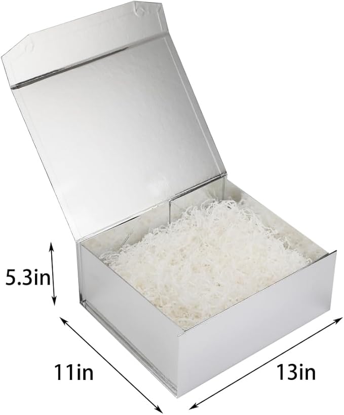 Silver Gift Box - Large 13x11x5.3 Inch - Modern Style - Magnetic Lid - Crinkle Paper - Luxury Gift Box with Lid for Presents