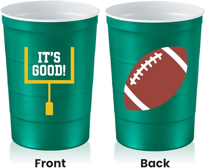 16 oz. Party Cup Football 'It's Good' Goal Post Design for Cold Drinks, Durable, Disposable, Recyclable, Made in USA, Green 12 Count
