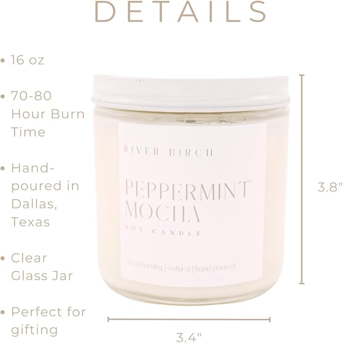 River Birch Candles Peppermint Mocha Scented Candle | Premium, All-Natural, Non-Toxic, Soy Candles | 16oz 90 Hr Burn Time | Cozy Relaxing Gifts for Home