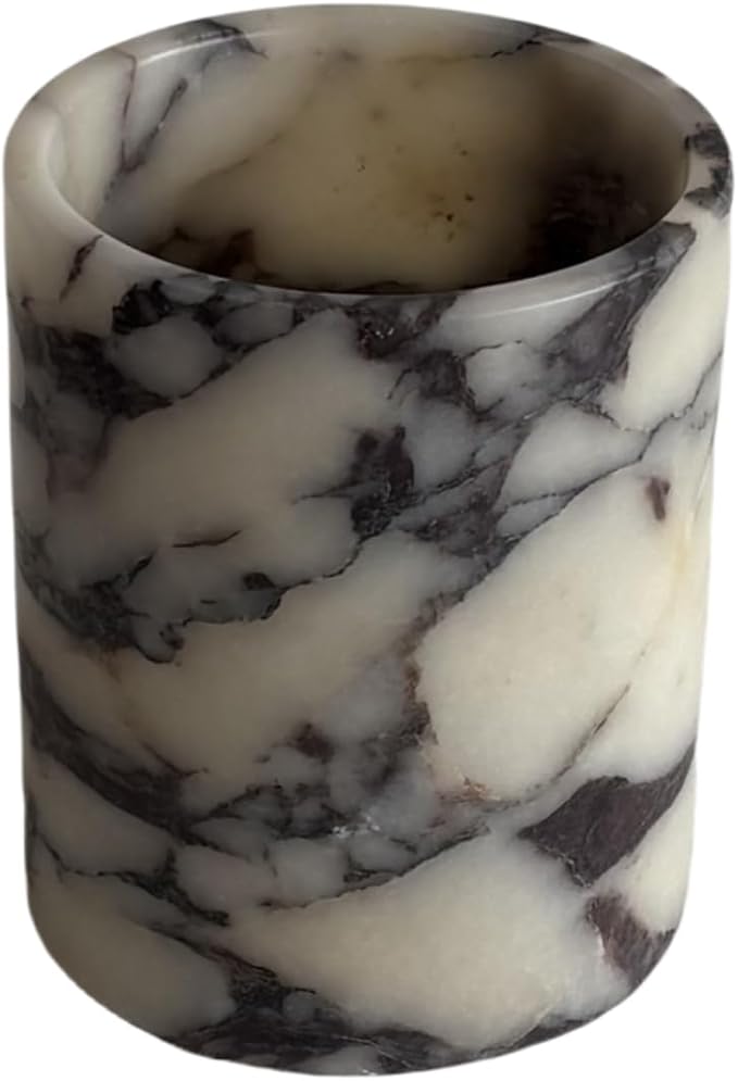 Handmand Natural Marble with Holes Stone Vintage Kitchen Utensil Holder - 5.1" D X 6.3" H Kitchen Counter Organizers and Storage Tool Crock (Calacatta Purple Marble)