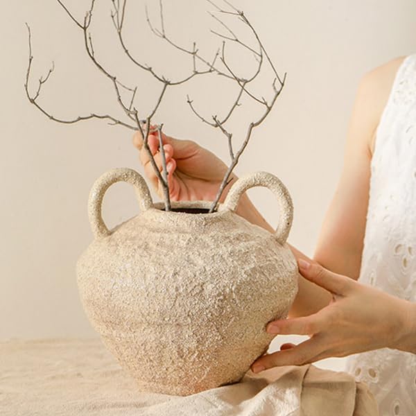 Ceramic Flower Vase, Large Farmhouse Vases Home Decor, Handmade Rustic Vase with Handles, Decorative Flower Vase for Home Entryway Living Room Dining Table Farmhouse Office Decor(8.6inch)