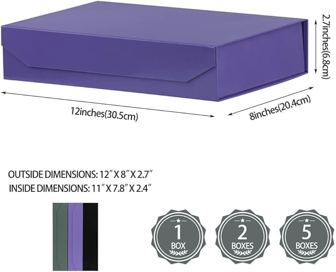 Small Purple Gift Boxes with Lids - 12 x 8 x 2.7 Inches - Glossy Surface - Includes Ribbon, Magnetic Closure - Bulk Cute Boxes for Packaging Presents and Shirts