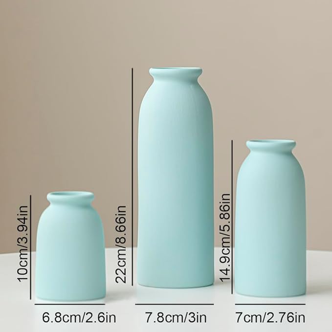 Ceramic Vase Set-3, Small Flower Vases for Decor, Modern Boho Farmhouse Style, Decorative Vases for Pampas Grass & Dried Flowers, Distressed Finish (Blue)